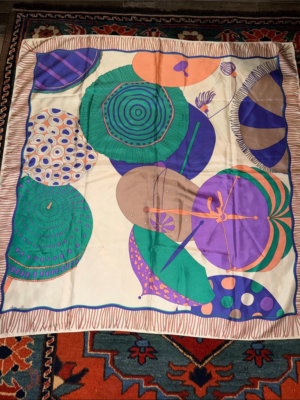 Designer-Inspired Multicolor Silk Scarf - Green, Purple & Orange